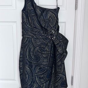 Kay Unger Midnight Blue, Black, and Gold One Shoulder Dress